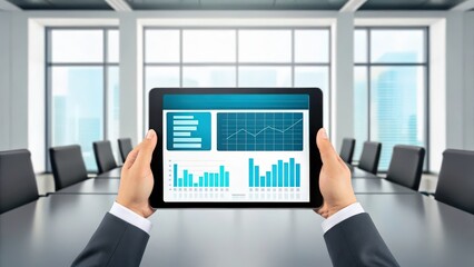 Businessperson reviewing financial data on a tablet in a modern conference room.  The tablet displays graphs and charts.