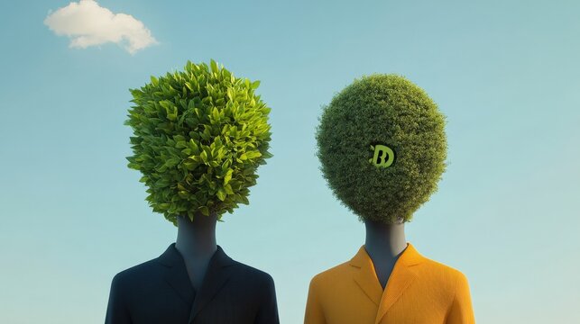 two figures with plant-like heads against a blue sky
