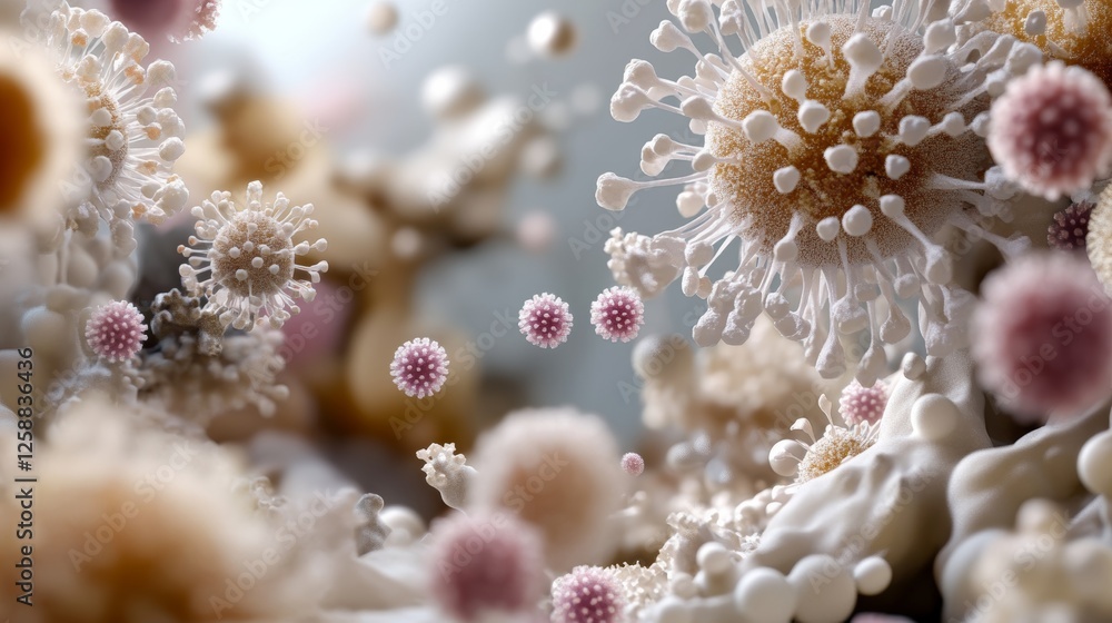 Poster visual representation of antibodies interacting with pathogens in a detailed microscopic environment