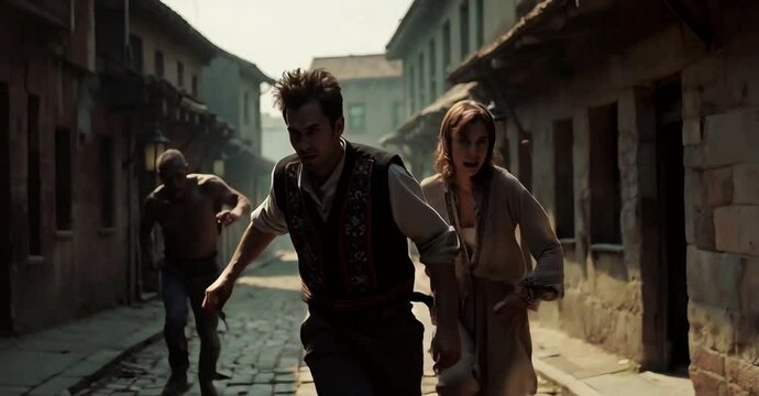 A man and woman run down a cobblestone street  pursued by zombies.
