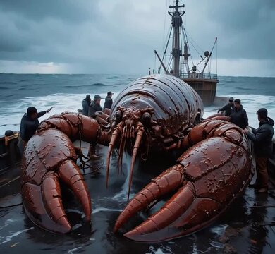A massive  seemingly mythical lobster is being hauled aboard a fishing vessel.
