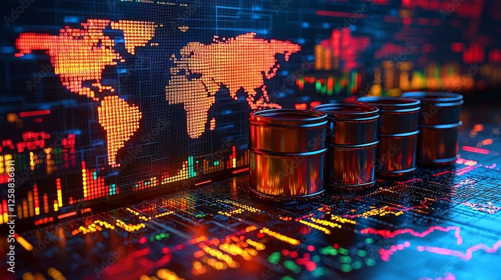 Poster this image features oil barrels against a digital world map backdrop, highlighted with data visualiz