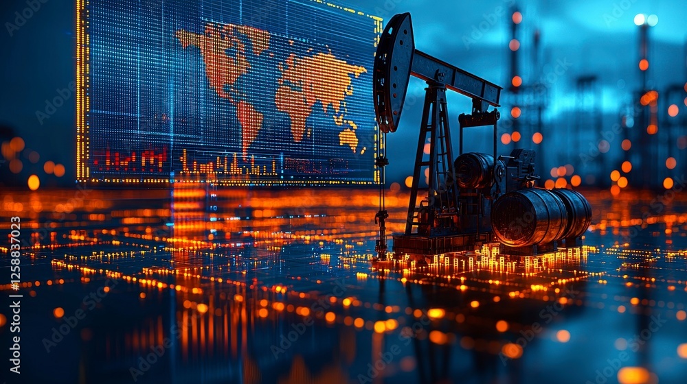 Poster a striking image of an oil rig with vivid data analytics visualizations, representing the blend of t