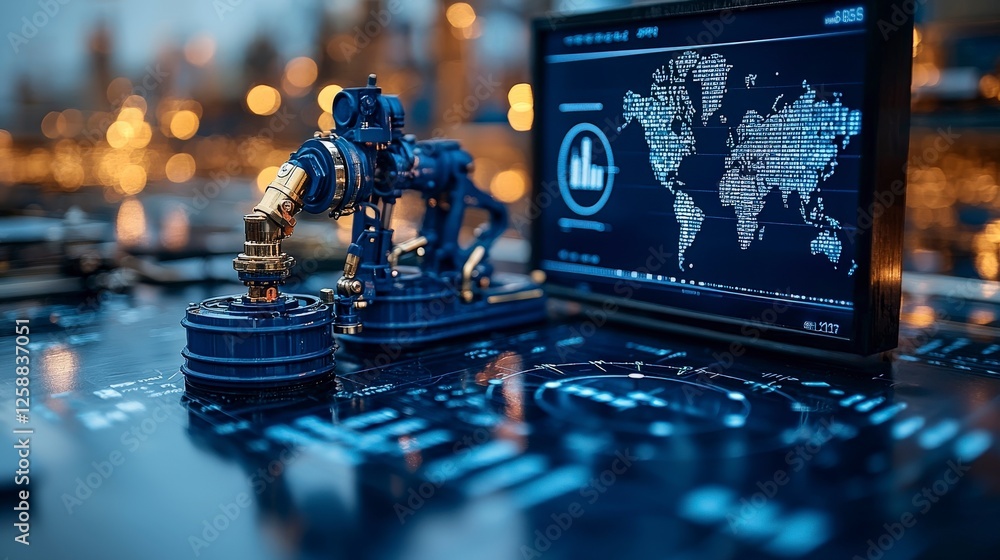 Poster this image showcases a robotic arm interacting with barrels, set against a backdrop of charts and a 
