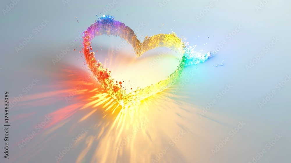 Poster a heart-shaped burst of rainbow colors with shimmering particles radiating outward, creating a sense