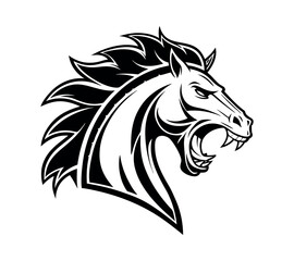 A high-contrast black and white vector illustration of a roaring horse's head,