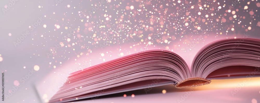Poster an open book emits a magical glow, surrounded by shimmering sparkles, creating an enchanting atmosph