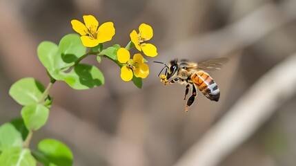 Honeybee in Flight Near Yellow Flowers, Closeup Nature Photography