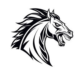 A high-contrast black and white vector illustration of a roaring horse's head,