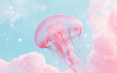 A soft pink jellyfish floats serenely in a dreamy blue sky, surrounded by fluffy pastel clouds, creating a whimsical and tranquil atmosphere.
