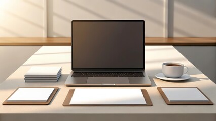Laptop and office supplies mockup on a wooden desk with a cup of coffee and the morning sunlight streaming through a window