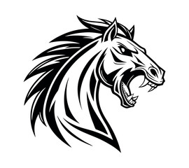 A high-contrast black and white vector illustration of a roaring horse's head,