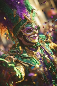 "Mardi Gras costume, colorful mask and beads, parade float background"