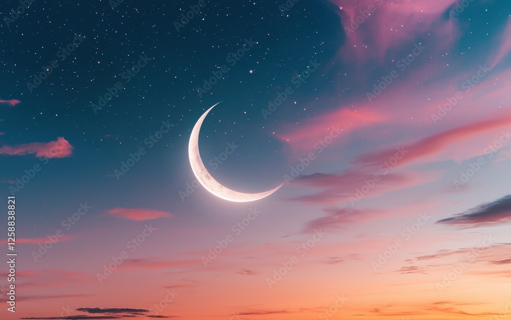 Poster a serene twilight sky features a crescent moon surrounded by soft clouds and stars, creating a tranq