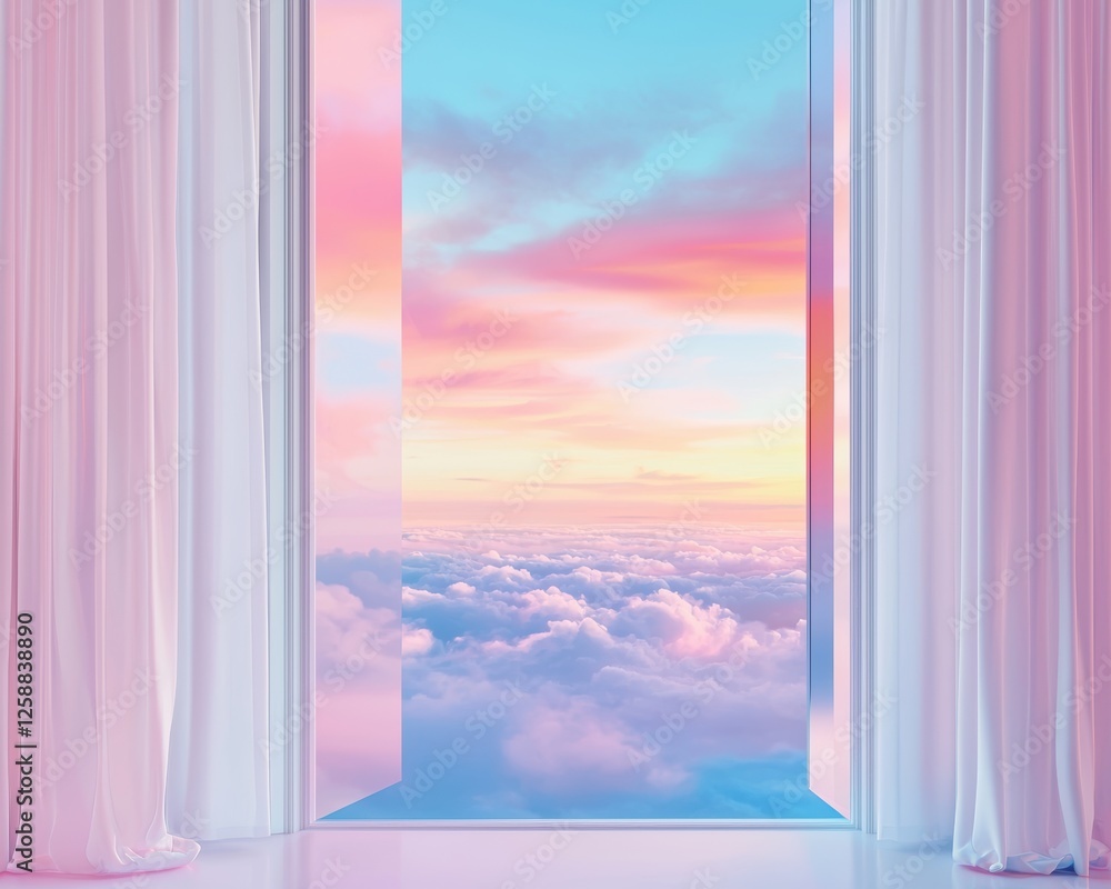 Poster a serene view of fluffy clouds and a vibrant sky through an open doorway, framed by soft curtains, c
