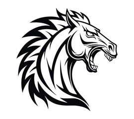 A high-contrast black and white vector illustration of a roaring horse's head,