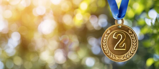 Golden second place medal hanging from a ribbon represents achievement and the pursuit of excellence