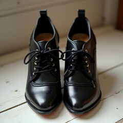 "1940s Vintage-Inspired Black Leather Heels: Lace-Up Women's Shoes with Curved Wooden Heel and Perforated Detailing"
