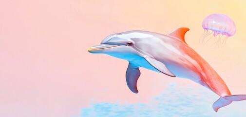 Obraz premium A playful dolphin swims gracefully in vibrant waters, accompanied by a delicate jellyfish against a pastel-colored background.