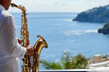 Saxophonist plays seaside resort balcony concert
