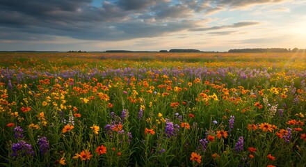 Fototapeta premium Blooming Wildflower Meadow at Sunset with Dramatic Sky Landscape