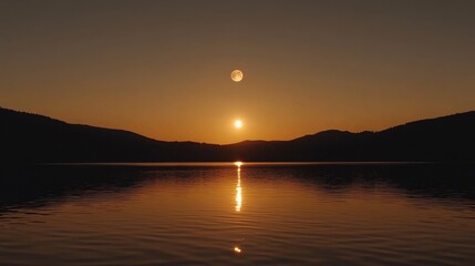 An enchanting image of the midnight sky with a radiant full moon illuminating a quiet lake, creating beautiful reflections on the water.