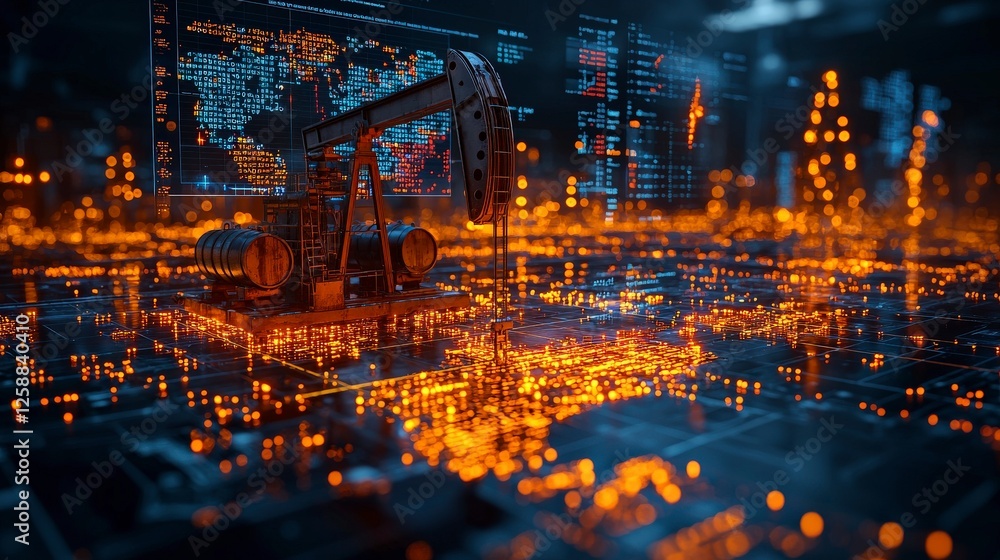 Poster an oil rig model surrounded by glowing data streams represents the synergy between traditional energ