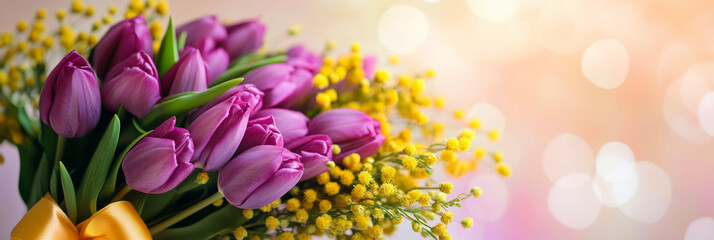 Fototapeta premium A beautiful floral arrangement with purple tulips and yellow mimosa, set against a pastel background, captures an elegant, joyful spirit for Women Day celebrations, banner