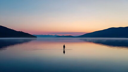 Fototapeta premium Solitary Figure Silhouetted Against Sunrise Over a Calm Lake