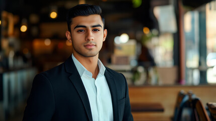 Fototapeta premium Portrait of a young Indian man with sharp features and well dressed. Indian man with short black hair and a confident appearance.