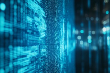 Data stream wall, server room, digital code, background blur, tech illustration