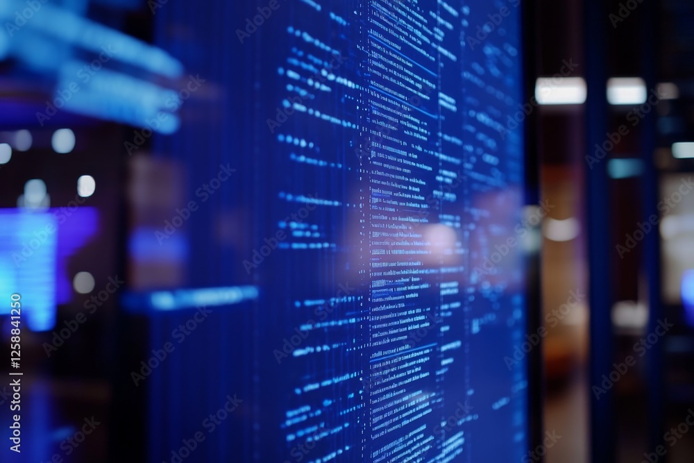 Aufkleber digital code displayed on large screen, modern office background, software development