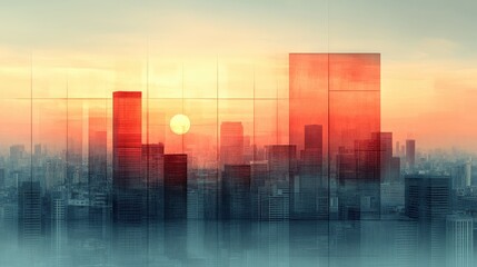 Obraz premium Modern City Skyline at Sunset with Abstract Architectural Elements