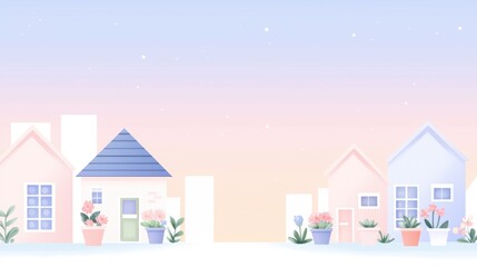 A serene illustration of pastel-colored houses with flowers, set against a soft, gradient sky, creating a peaceful neighborhood scene.