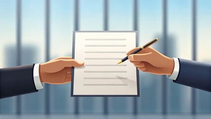A hand reaches out to sign a document, ready to seal the deal, indicating  completion and  agreement. The  cityscape in the background  hints at  the  scope of the transaction.