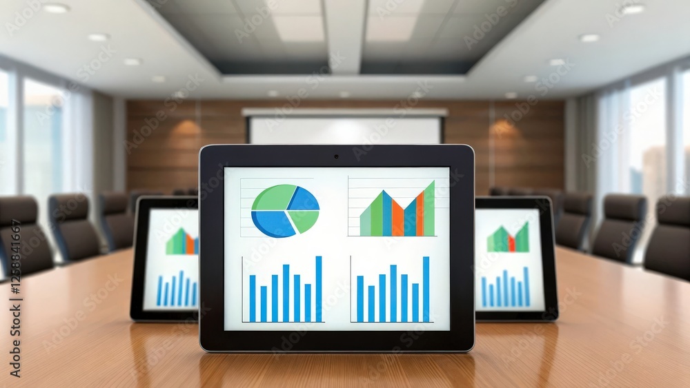 Poster three tablets displaying various charts and graphs sit on a conference table in a modern boardroom. 