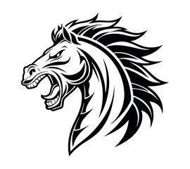 A high-contrast black and white vector illustration of a roaring horse's head,