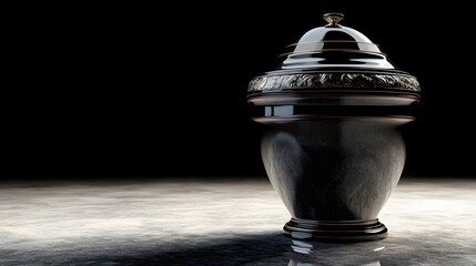 Elegant Black Urn with Gold Accents, Decorative Lid, Dark Background