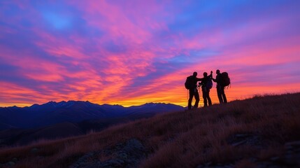 two hikers celebrating success atop a mountain at sunrise