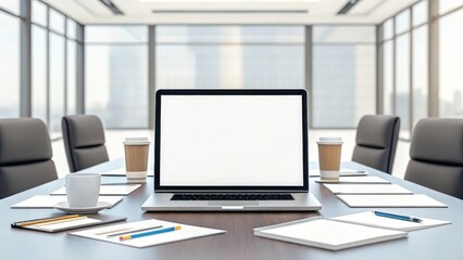 Laptop with Blank Screen on Conference Table