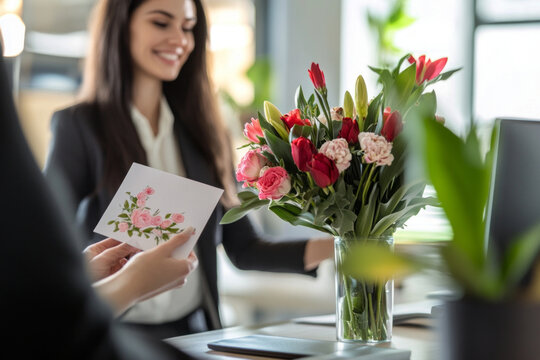 A woman seated at her desk receives flowers and a card from colleagues in a modern office setting, celebrating International Women Day with a joyful and appreciative mood