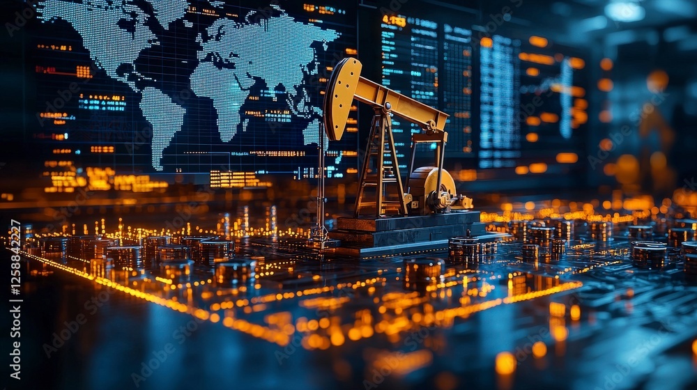Poster this image showcases a futuristic oil pump on a digital backdrop, with intricate patterns and data v