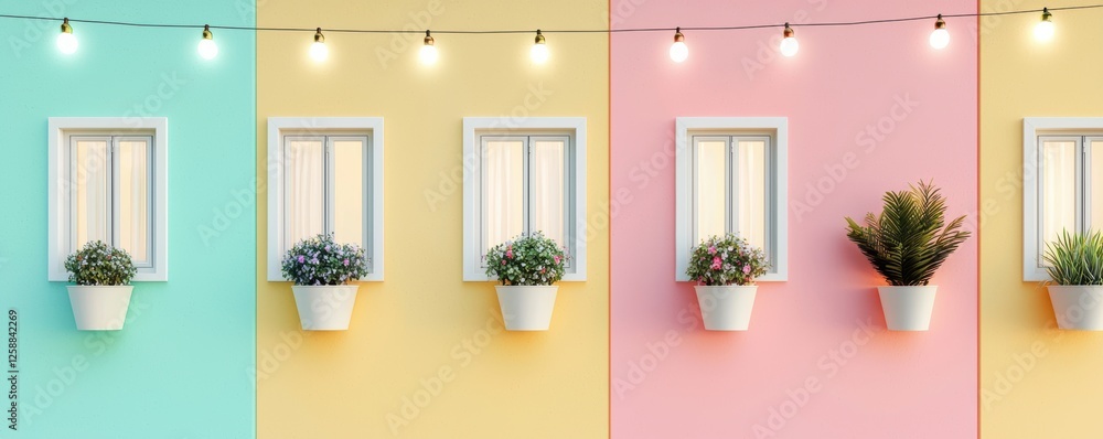 Aufkleber a vibrant wall with colorful sections featuring white windows adorned with potted plants and string 