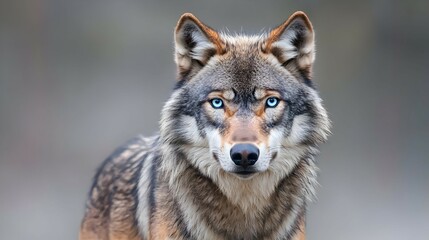 Obraz premium Gray Wolf Portrait with Striking Blue Eyes in a Natural Setting