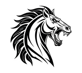 A high-contrast black and white vector illustration of a roaring horse's head,