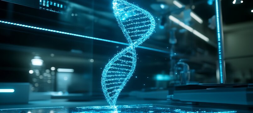 A Glowing Holographic DNA Model Floating in a High-Tech Medical Lab for Scientific Research