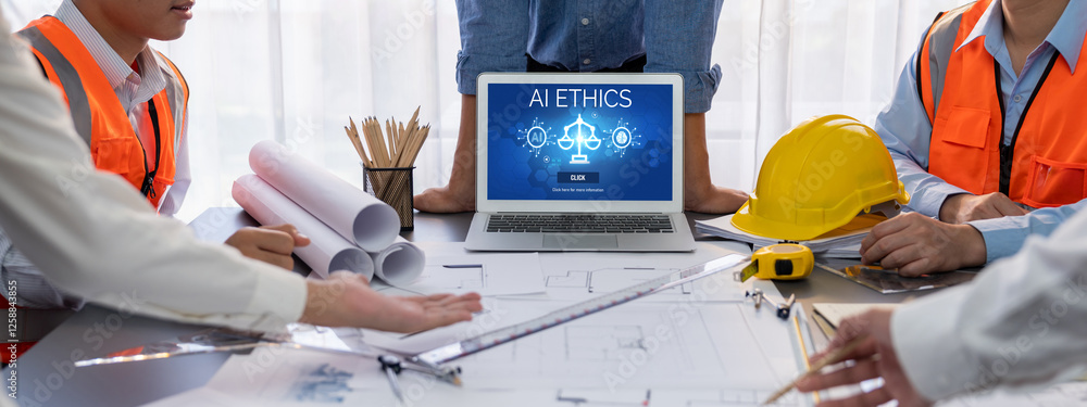 Poster ai ethics responsibility standard law and rules on computer screen provide report of ai ethic transp