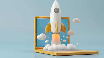 Rocket launch on laptop, flying rocket icon, business startup project concept.