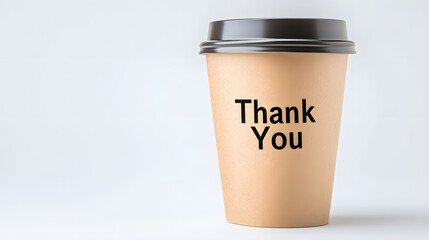 Disposable cup expressing gratitude, with a lid, set on a plain white background. Simplistic design and a clear message, conveys a sense of appreciation.