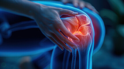 Blue 3d medical x-ray anatomy of the knee pain. Leg joint and bone injury, arthritis patient inflammation, sport athlete broken tendon, red area, copy space.